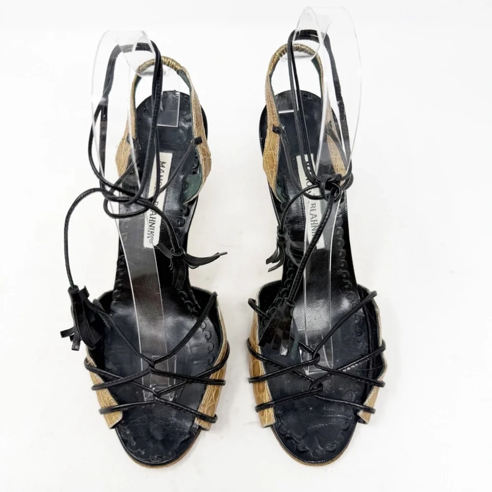 Manolo Blahnik Strappy Lace Up Tassel Heel Sandals Womens Size EU 37